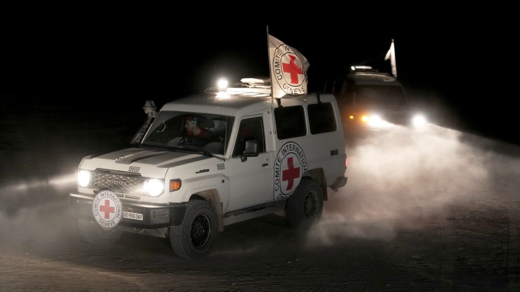 Red Cross vehicles deliver remains of three hostages to Tel Aviv