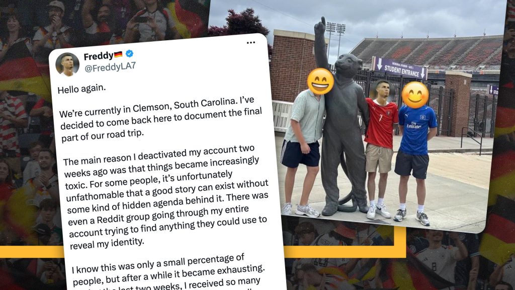 Freddy, the viral German soccer fan documenting his trip to the US, returns to X following backlash